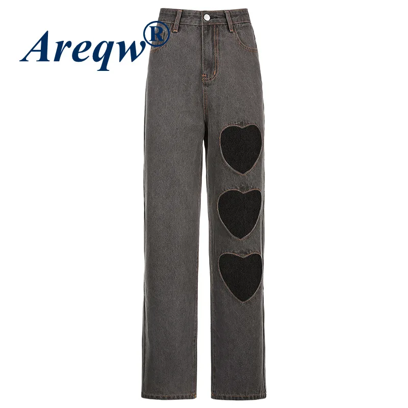 

Jeans Women 2021 New Retro Sense Gray Love Hollow Drape Straight Leg Pants High Waist Slim Casual Trousers