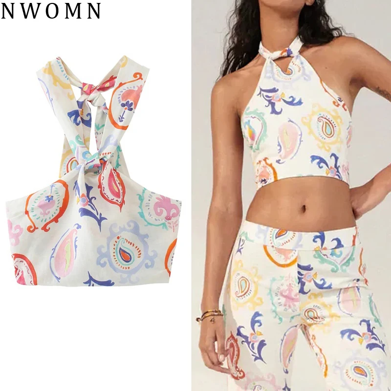 NWOMN White Halter Top Women 2021 Print Crop Top Female Summer Fashion Bow Knot Backless Top Woman Sleeveless Chic Tank Tops
