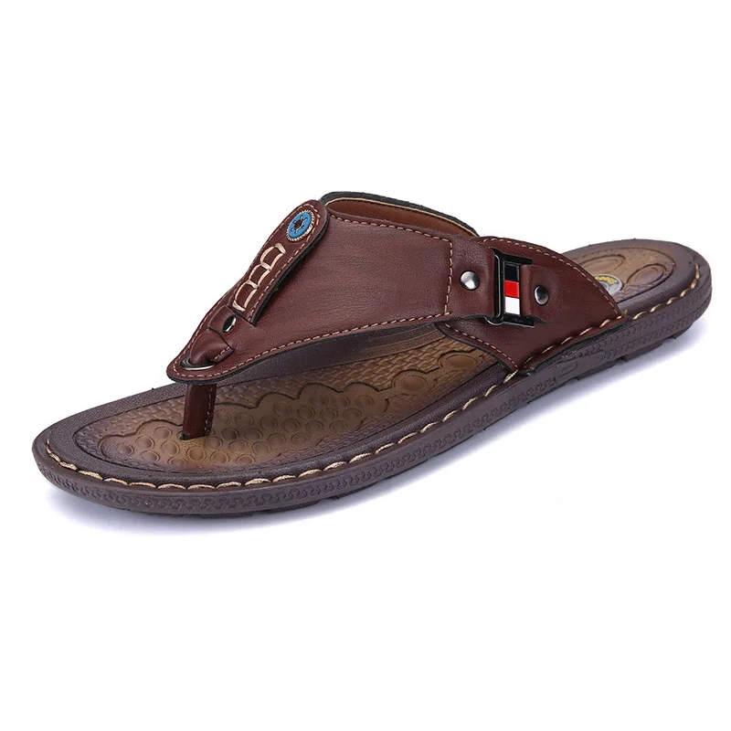 Мужские сандалии классические модные удобные пляжные кожаные шлепанцы мужские