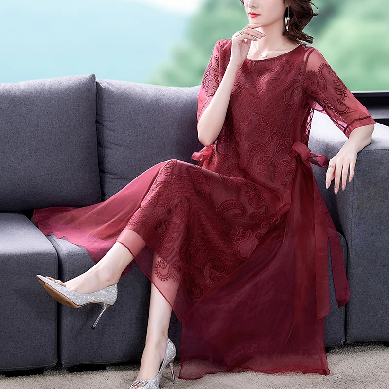 

2021 High Street Mulberry Silk Floral Embroidery Midi Dress Summer Casual Vintage Loose Beach Dress Women Elegant Party Vestidos