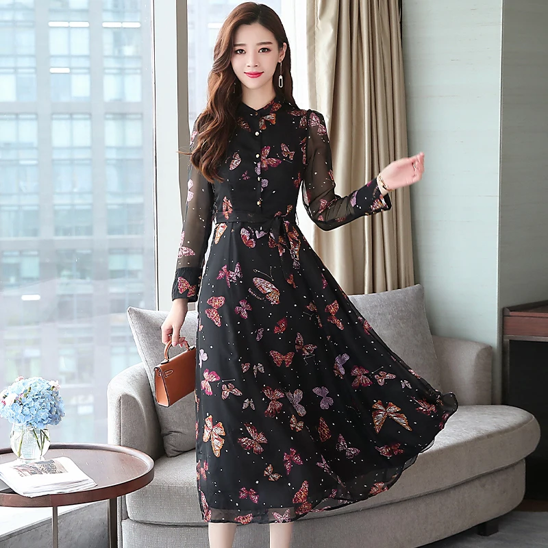 Женская осень и зима новое ретро цветочные миди XL шифоновое платье большого