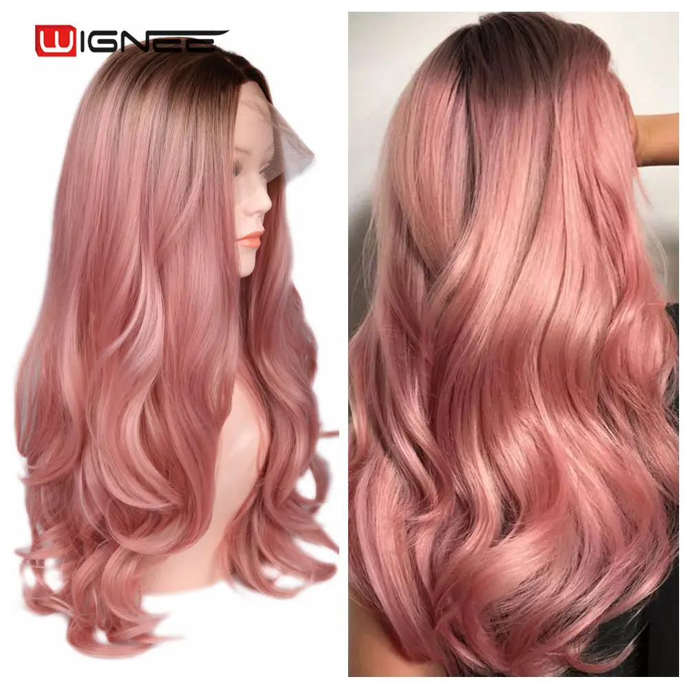 Pink Wignee синтетический парик на кружеве для женщин, термостойкие длинные волосы, волнистые волосы, парик из натуральных волос, Омбре, пепельный блонд, парики для волос - Цвет: Pink
