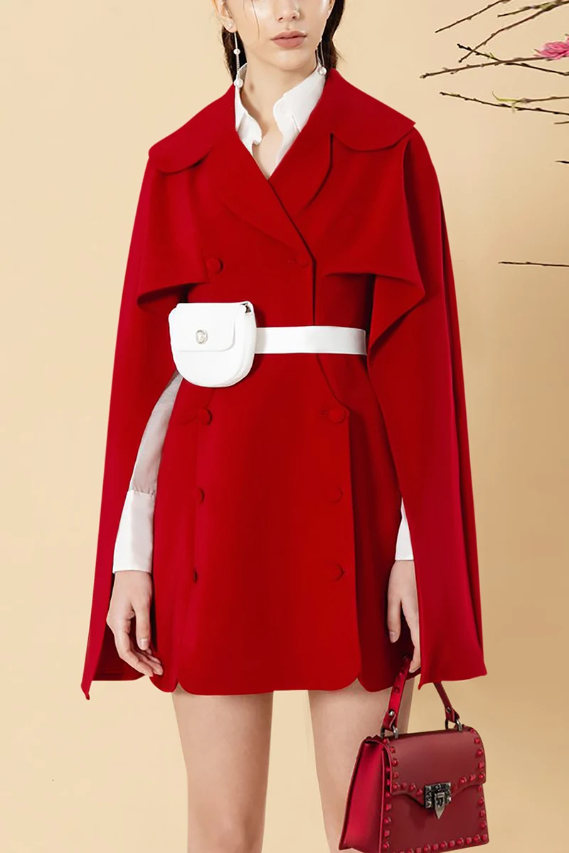 

Cape Blazer Women Long Sleeve Runway Designer Elegant Ladies Red Mini Dress Suit Jacket Double Breasted Vestidos Female