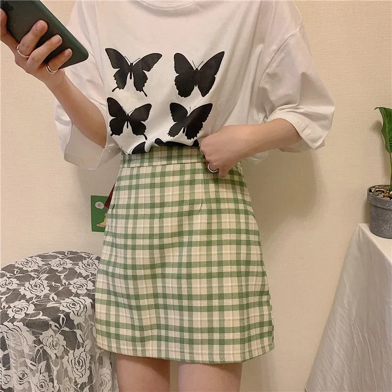 

A-line Ulzzang High Waist Students Girls Streetwear Women Retro Plaid Summer Mini Skirt Female Fit 2XL Harajuku skrits