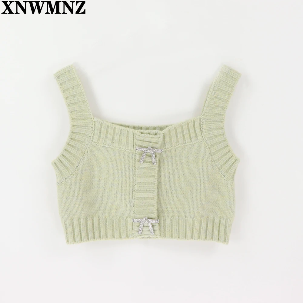XNWMNZ Za women vintage Knit cardigan with rhinestone buttons V-neck long sleeve ribbed trims female outerwear fashion chic tops |