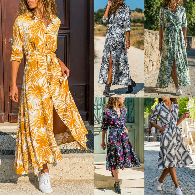 

Women Floral Print Long Shirt Dress Summer Holiday Party Midi Dress Plus Size