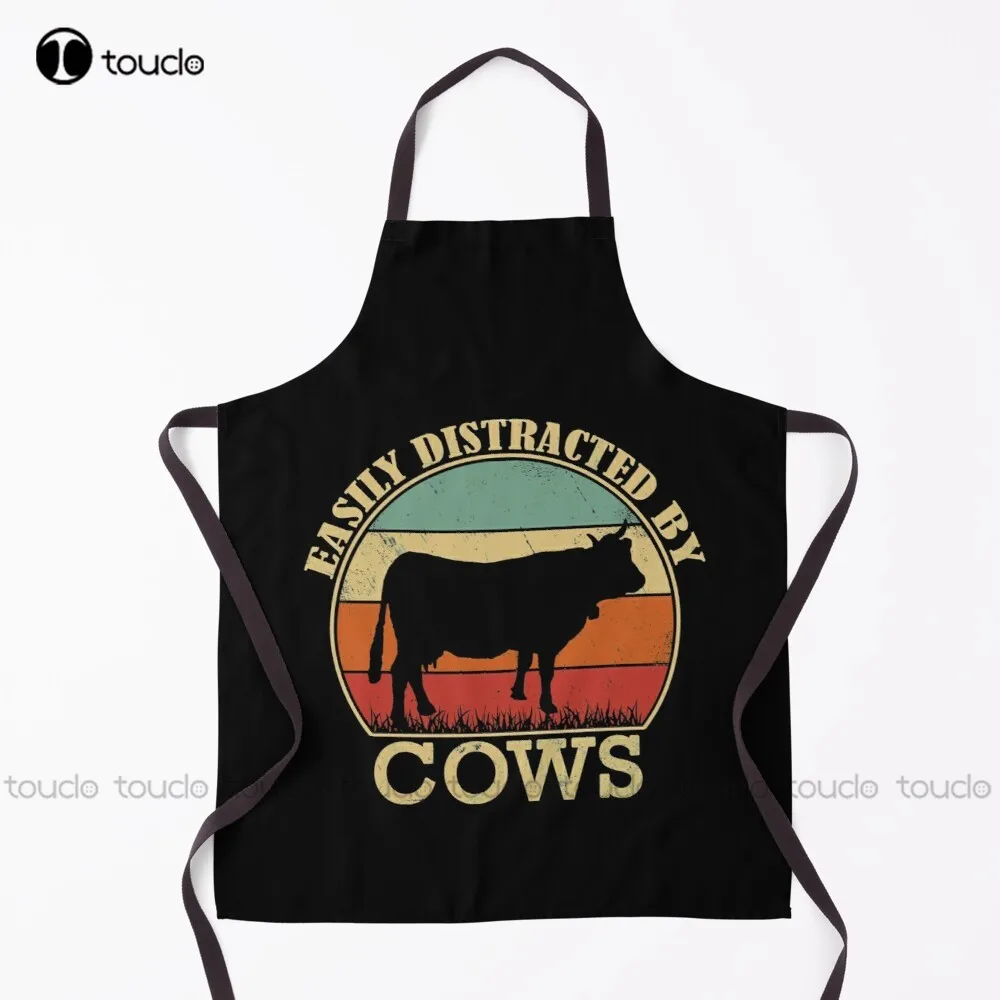 

New Easily Distracted By Cows Retro Vintage Funny Cow Lover Apron Garden Kitchen Customized Unisex Adult Apron