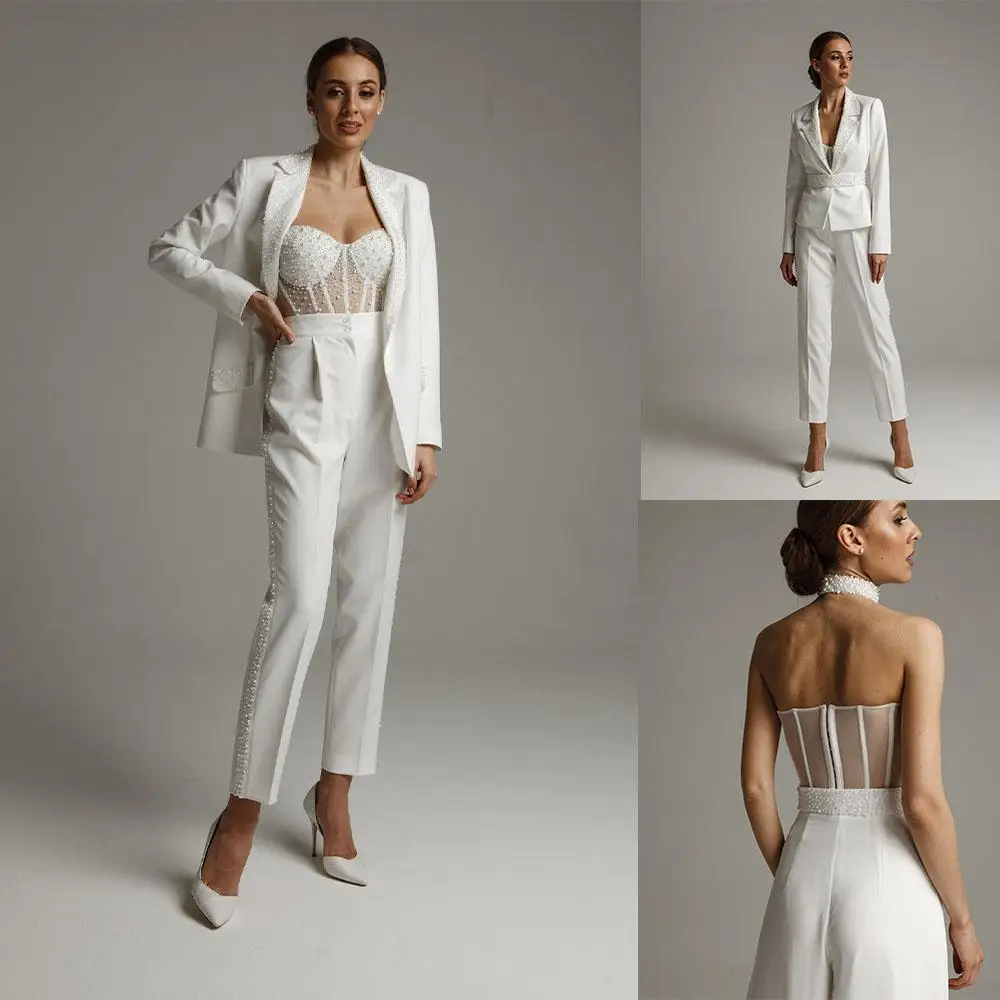 

Luxury Pearls Wedding Jumpsuit Dress with Long Sleeve Jacket 2022 Sweetheart Stain Garden Beach Outdoor Brial Gown Pantsuit