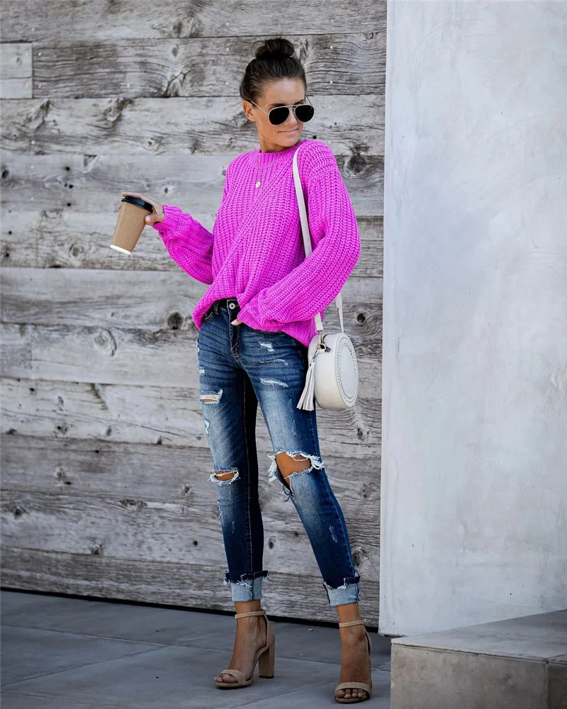 Свитер женский трикотажный однотонный в стиле бохо Осень-зима 2021 | Женская одежда