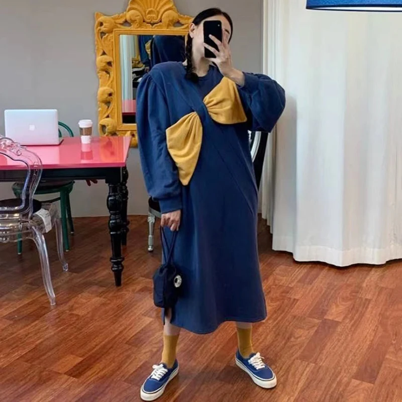 

Женское платье с круглым вырезом Sannian, Длинное свободное открытое облегающее платье с бантом, осень