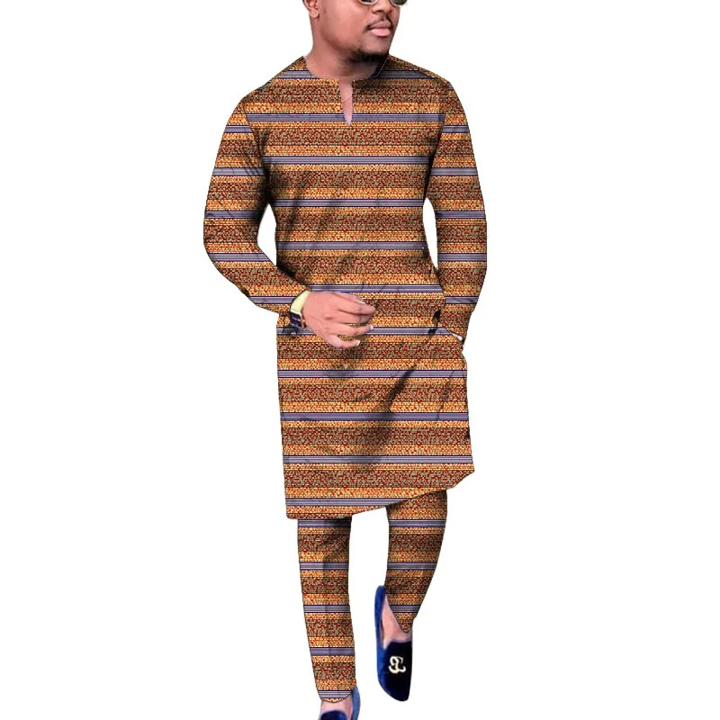 

African Culture Men's Set Clothing Shirt With Trouser V-Neck Tops+Pants Male Wedding Suit Nigeria Formal Outfits