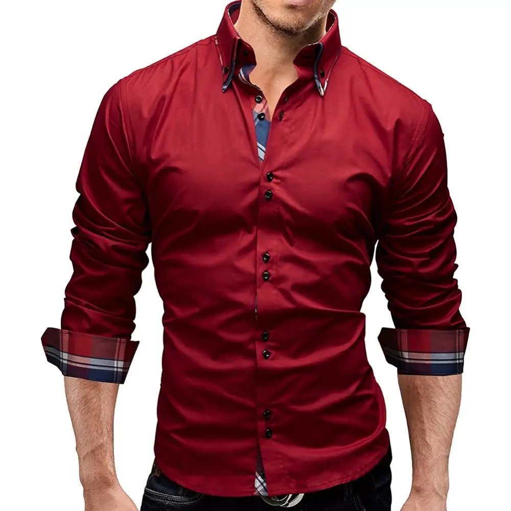 

Office Business Men's Clothing Solid Color Plaid Patchwork Men Slim Fit Turn Down Collar Long Sleeve Shirt Top