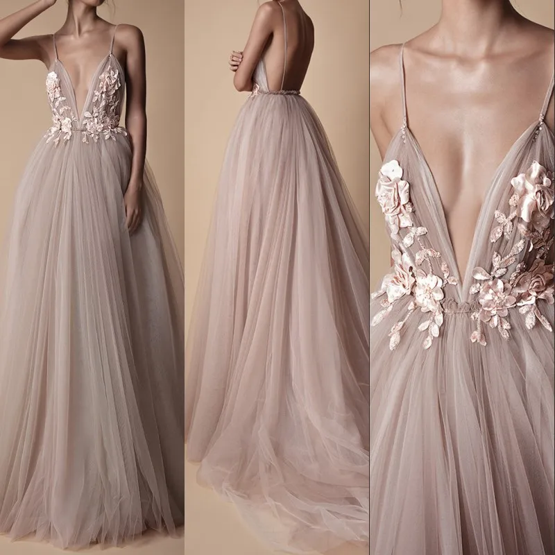 

Sexy Tulle Long Evening Dress 2020 New Arrival Backless Court Train Flowers Blush A Line Special Occasion Prom Gowns Custom Made