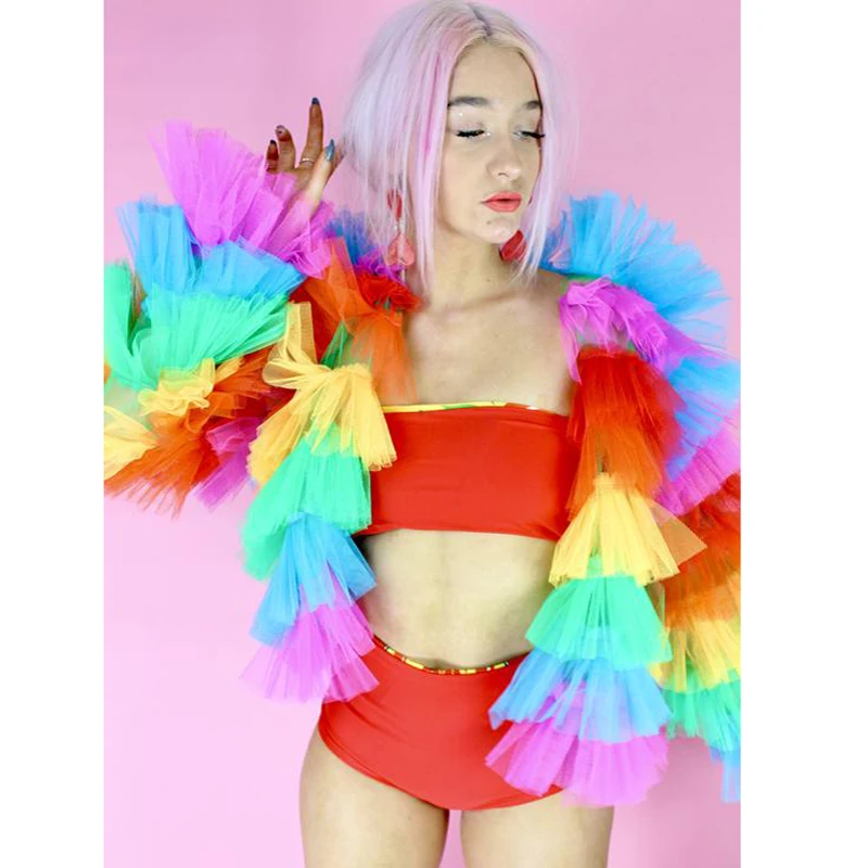 Chic Rainbow Ruffles Tulle Women Jackets Long Sleeves Short Women Tops 2020 Summer Fashion Female Clothing Femme Veste