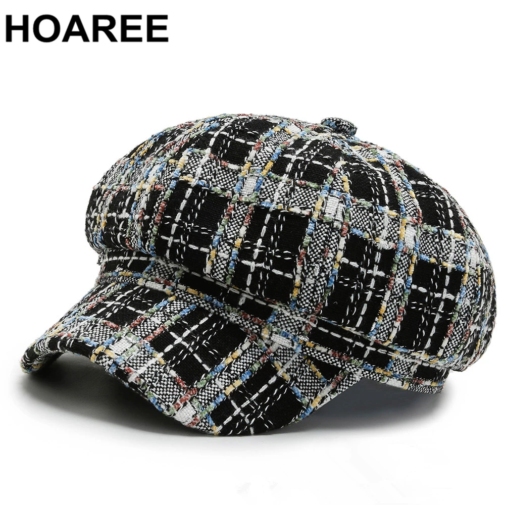 

HOAREE Designer Brand Newsboy Cap Black Plaid Winter Hats for Women Ladies Beret Vintage 2021 New Female Octagonal Cap
