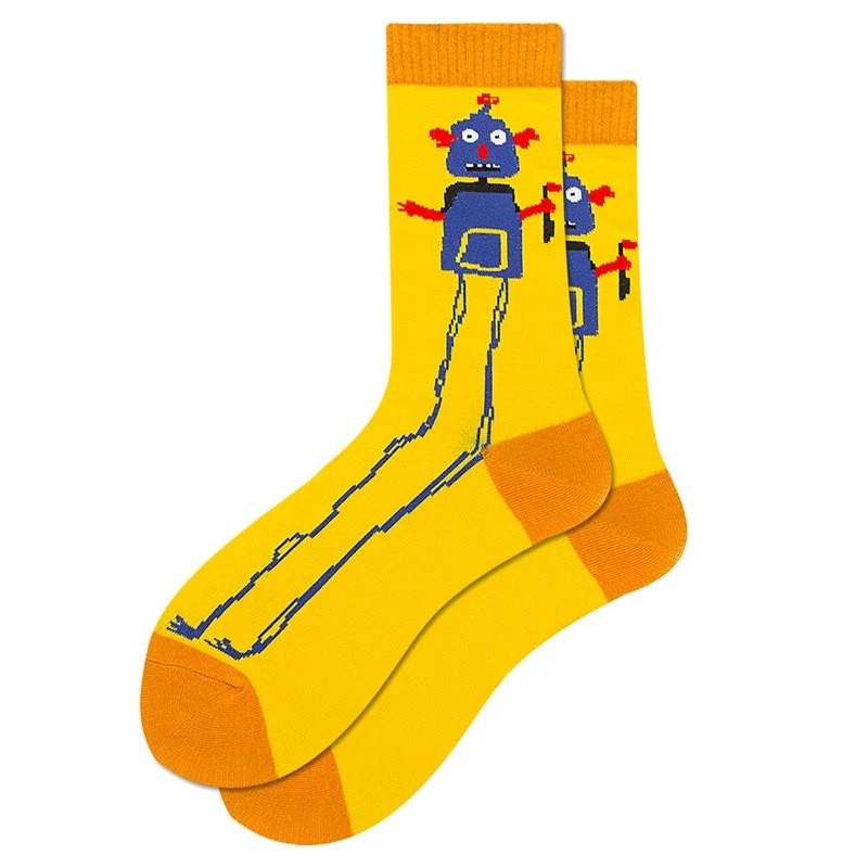 yellow robot Мужские Короткие хлопковые носки для катания на коньках в стиле хип-хоп, веселые женские носки, новинка, зимние теплые носки для скейтборда, роскошные причудливые носки - Цвет: yellow robot