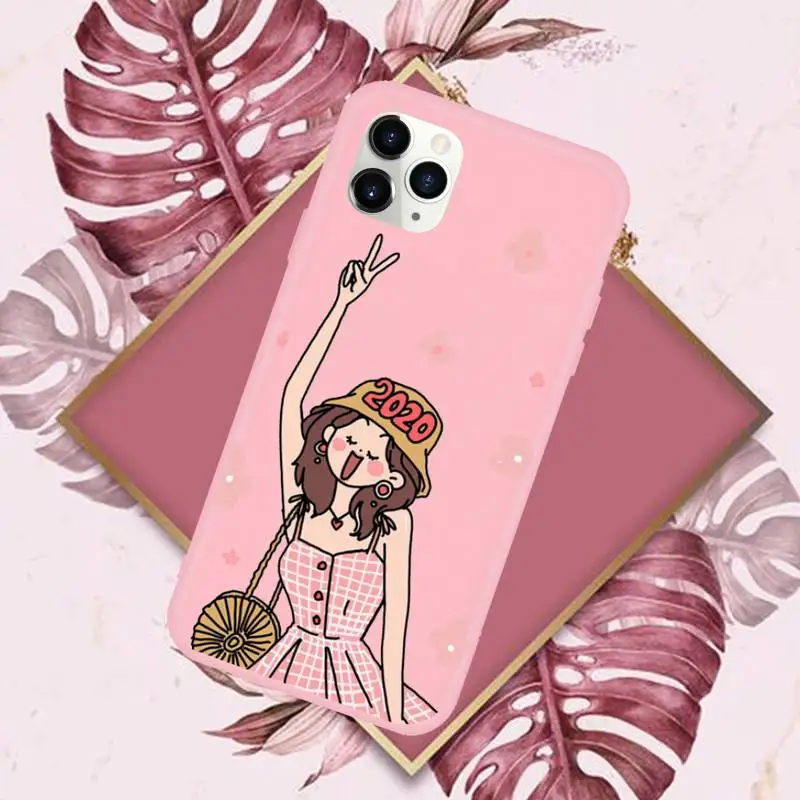 

Aesthetic cartoon girl Phone Case Pink Candy Color for iPhone 11 12 mini pro XS MAX 8 7 6 6S Plus X SE 2020 XR