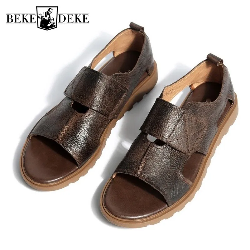 Сандалии гладиаторы мужские с открытым носком натуральная кожа Нескользящие без