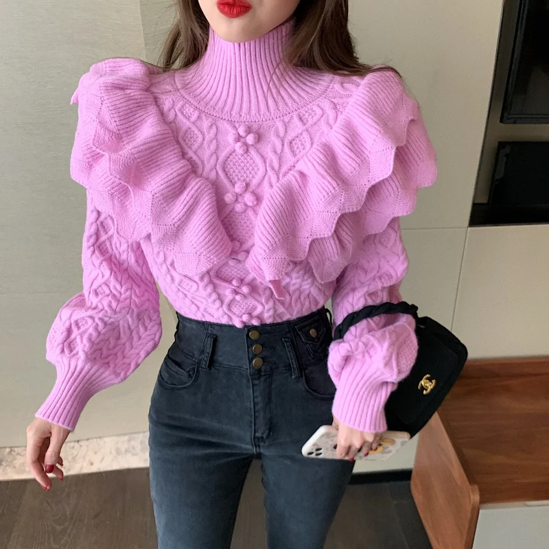 

Ruffled Floral Knitted Sweater Women 2021 Fashion Vintage Turtleneck Lantern Sleeve Female Elegant Pullovers Chic Retro Knitwear