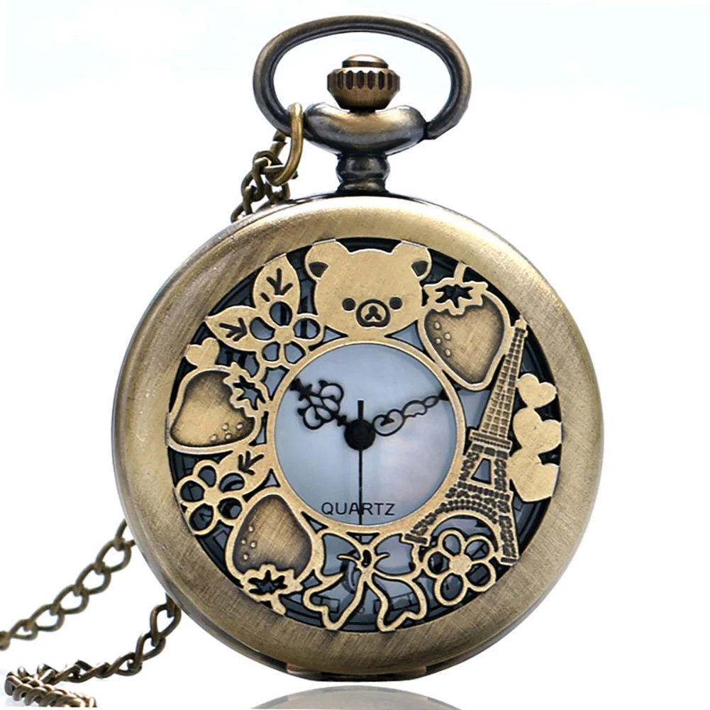 

Vintage Cute Hollow Rilakkuma Paris Eiffel Tower Pattern Pocket Watch Necklace Pendant Chain Quartz Movement Reloj De Bolsillo