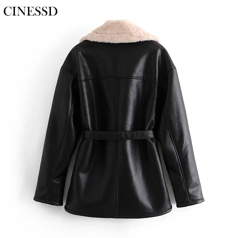 

Women 2021 Fashion Winter Coat Thicken Warm faux leather Jacket flat collar soft imitation wool lining Jacket Parkas Female
