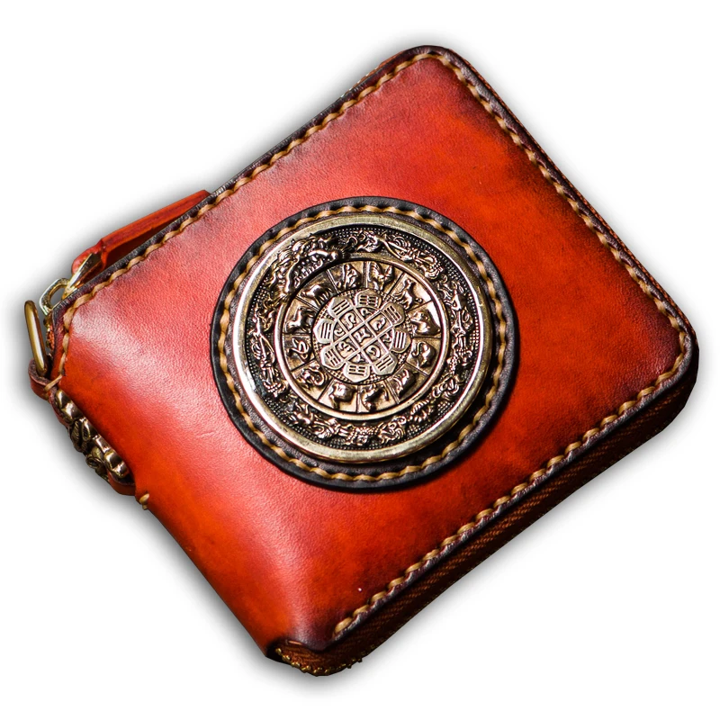 

Famous brand high-end handmade men's wallet short zipper bag retro personality leather folding women's small purse women
