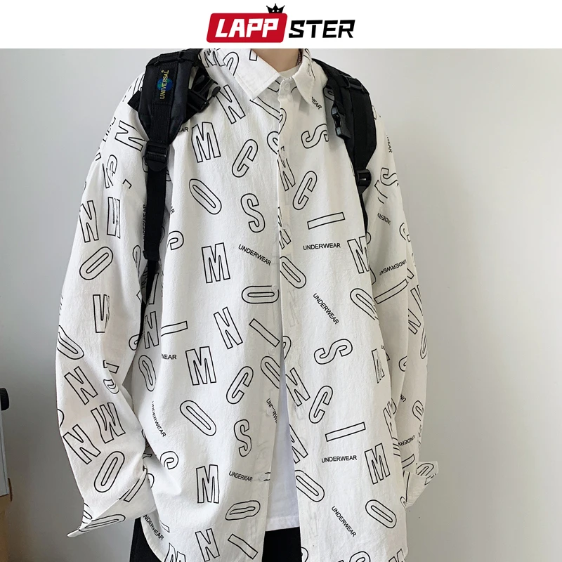 

LAPPSTER Men Letter Harajuku Oversized Shirts 2022 Autumn Mens Korean Fashions Long Sleeve Shirt Male Streetwear Vintage Clothes