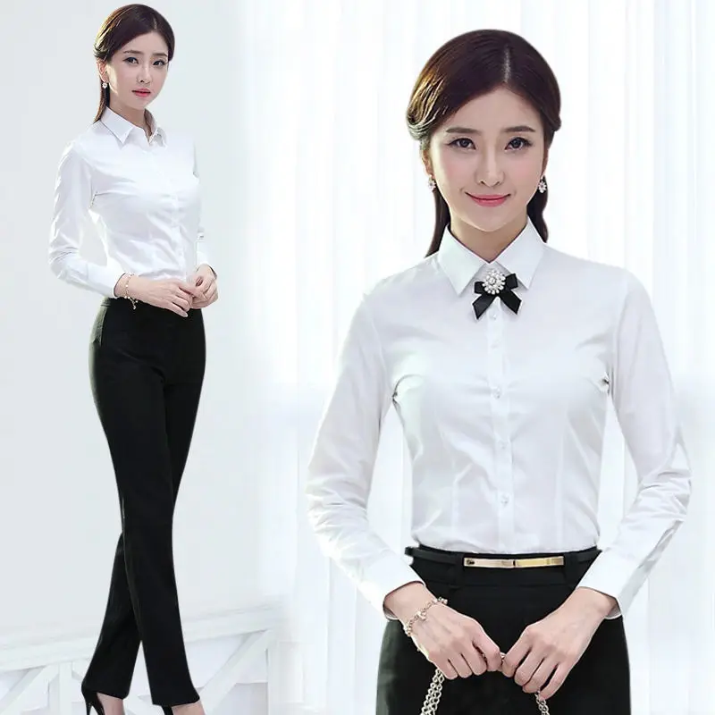 Женская блузка Весна-лето белая женская рубашка с длинным рукавом официальная