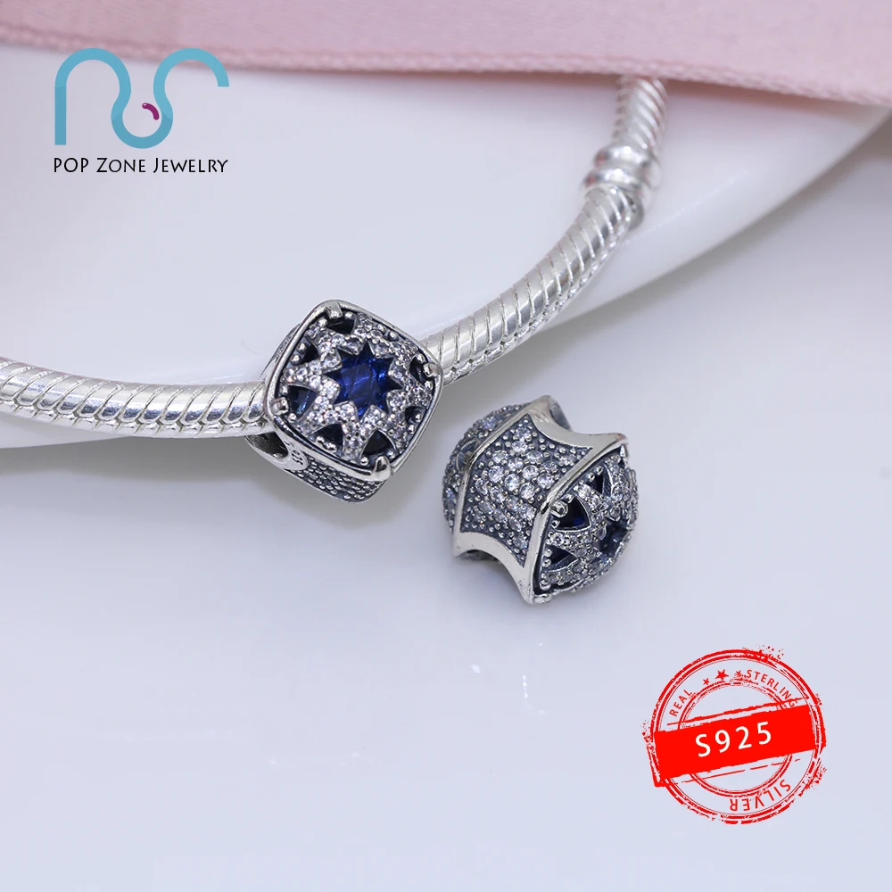 

Fit Original Pandora Charm Bracelets Square Blue Star Charm Mysticism Crystals 925 Sterling Silver Fine Beads DIY New Jewelry