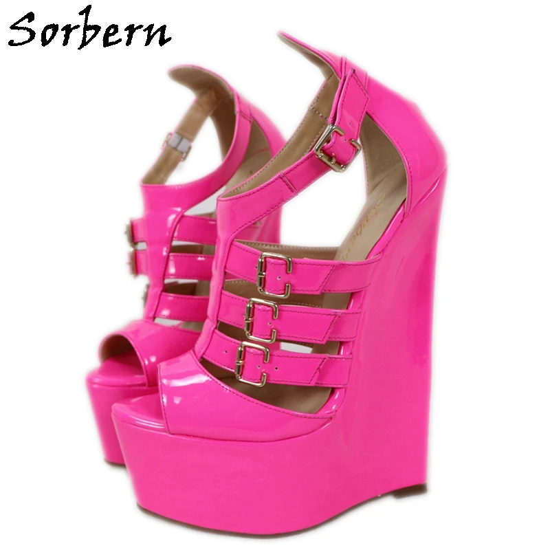 Sorbern Neon Peach Wedges Sandal 20cm High Heel Platform Super Narrow Sole T-Strap Custom Gladiator Style Unisex Sandal Shoes