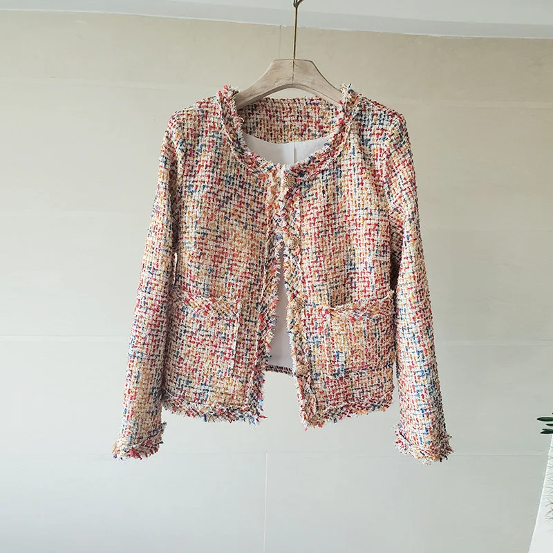 

Autumn New Arrival Rainbow Tweed jacket Coat Women's Fashion Elegant Long Sleeve Slim Tassel Single-Breasted Work Outerwear