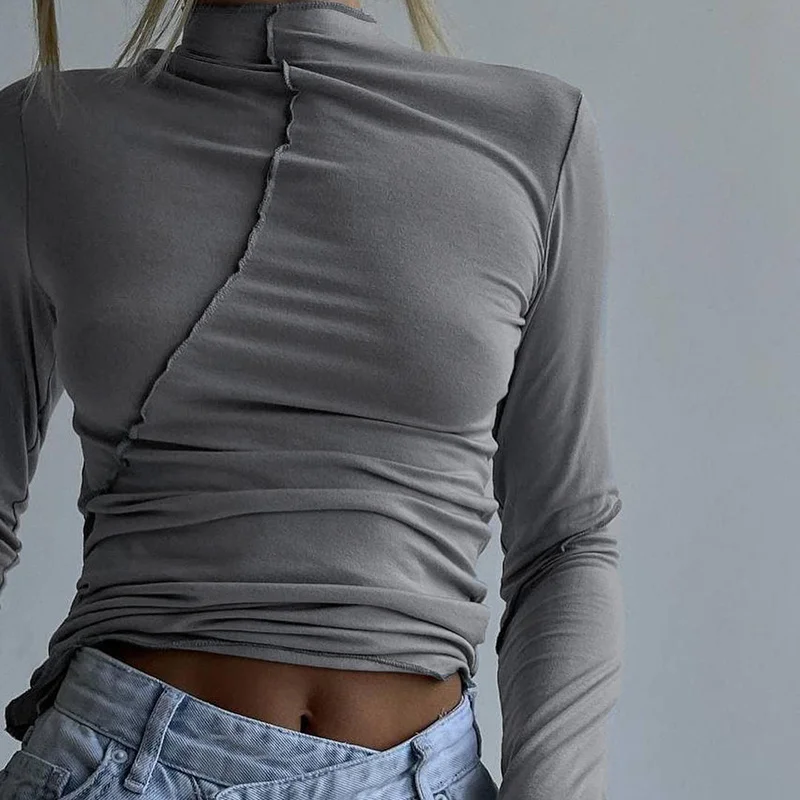 

CHRONSTYLE Autumn Long Sleeve T-shirts Crop Top Women Bodycon Solid Basic Ribbed T-shirts Casual Tees Shirts Female Clothes 2021