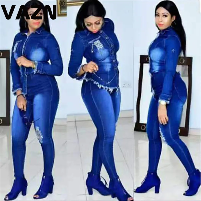 Женский джинсовый комплект VAZN голубой из 2 предметов с длинными рукавами