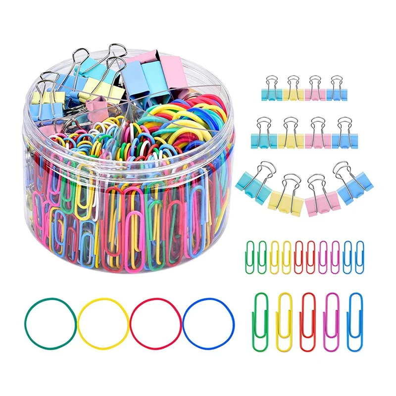 

240Pcs Paper Clips Binder Clips,Colored Office Clips Set -Assorted Sizes Paperclips Paper Clamps Rubber Bands for Office