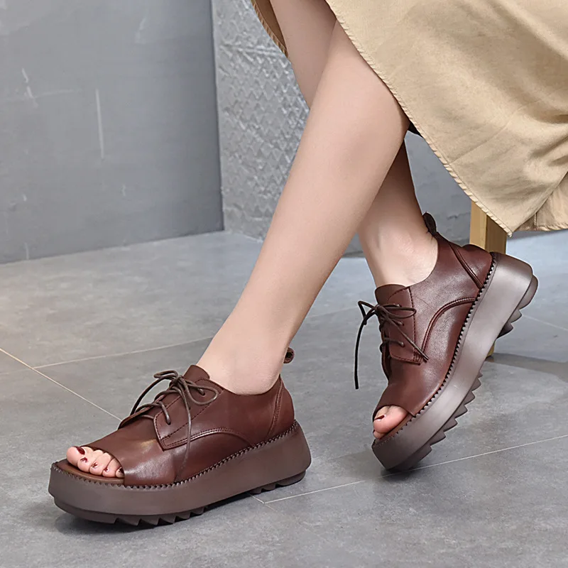 

YourSeason Spring Summer Sandals Ladies Genuine Leather 2021 Handmade Concise Female Lace Up Wedges Retro Platform Sandals