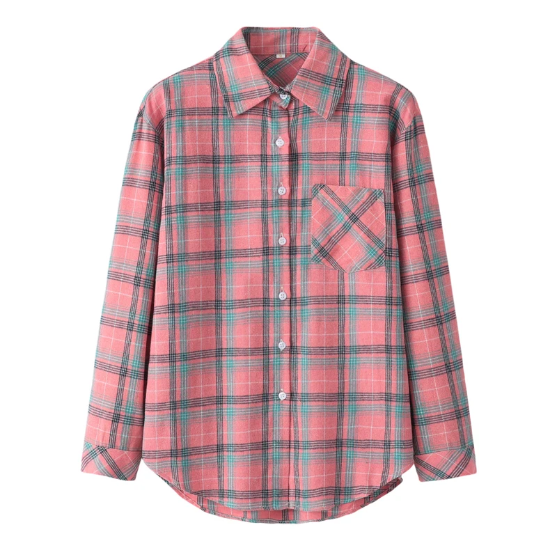 Loose Design Womens Blouses College Style Female Casual Long Sleeve Checked Tops Clothes
