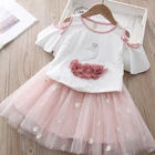 Платье для девочек, летнее, детское, праздничное, с вышивкой белого лебедя, единорога, костюм для маленьких девочек, Милая футболка и платье, костюм