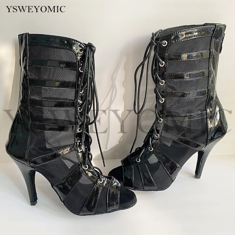 Black Latin Boot Dance Shoes Latin Women Leather High Heel Suede Outsole and Rubbel Sole Available Soft Salsa Latin Dance Boot