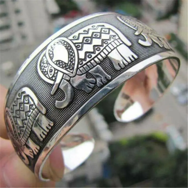 

Vintage Ethnic Style Tibetan Silver Carving Flower Elephant Cuff Bracelets Opening Adjustable Bangles For Women Jewelry Gift