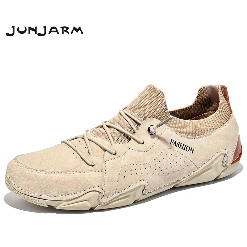 

JUNJARM New Men Casual Pig Suede Leather Fashion Men Sneakers Handsome Breathable Mens Loafers Brand Boat Shoes Big Size 38-48