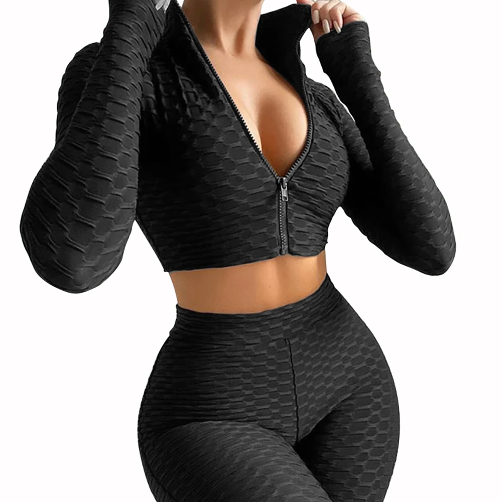 

Women's Sports Two-Piece Suit Half-high Neck Tight Sports Long Sleeve Zipper Up Tops + Casual High Wait Pants Summer 2021 D30