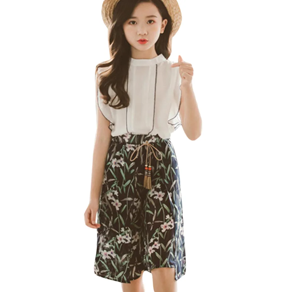 Комплект летней одежды для девочек однотонный жилет и штаны с цветочным принтом