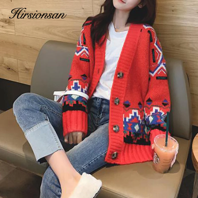 Женский свитер в этническом стиле Hirsionsan Свободный Вязаный Кардиган большого