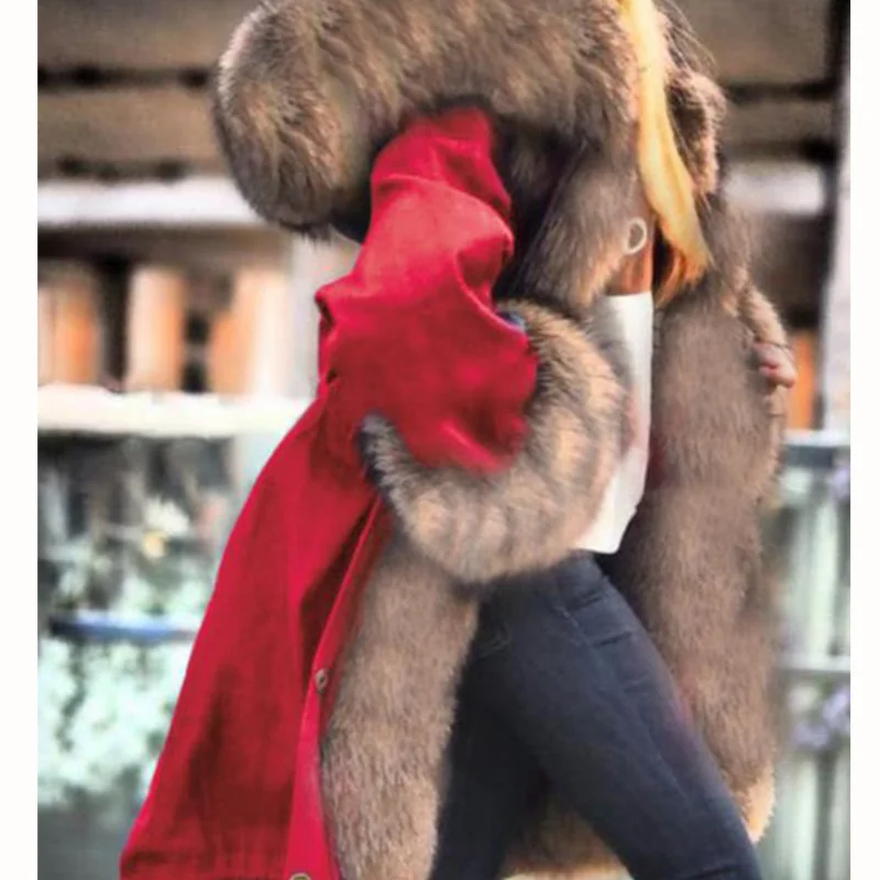 2021 X-long Waterproof Winter Women Faux Fox Fur Coat Fox Fur Collar Hood Big Fur Outerwear Detachable Faux Fur Hoodie Jacket