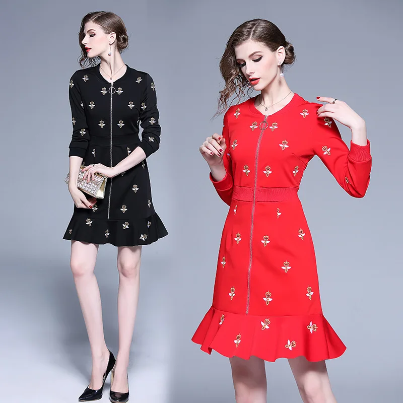 Весна с v-образным вырезом красный сложенный платье вышивкой Vestidos Invierno 2019 женский