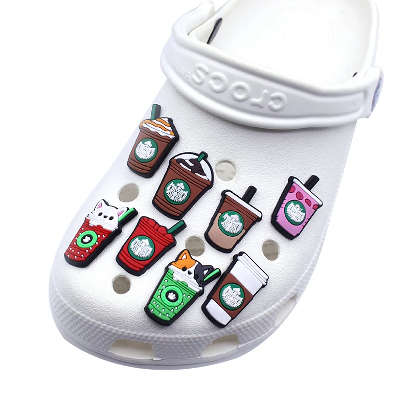 Hot Sale 1pc PVC Coffee Beverage Shoe Charms Shoe Buckles Accessories Fit Bands Bracelets Croc JIBZ Kids Party X-mas Gift