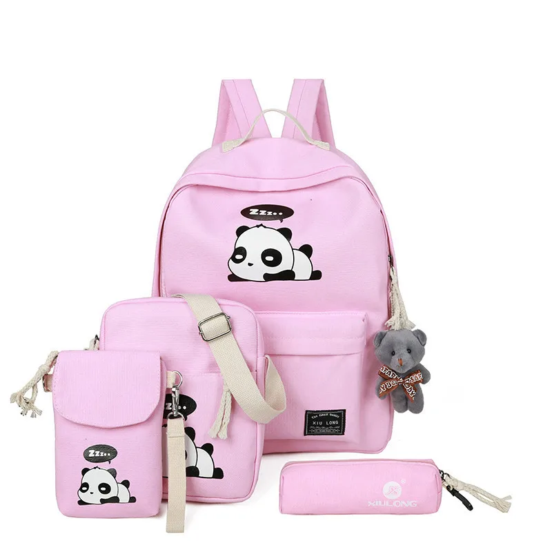 4piece Canvas Cartoon Panda Printing Backpacks Thicken / Set Backpack Women Female Bag High-quality School Bags For Teen