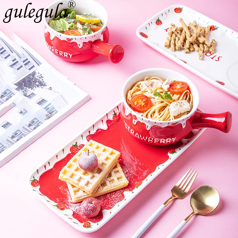 

Japanese-Style Dinner Plate Bowl Set Ceramic Design with Handle Bowl Cutlery Cake Fruit and Vegetable Salad Bowl