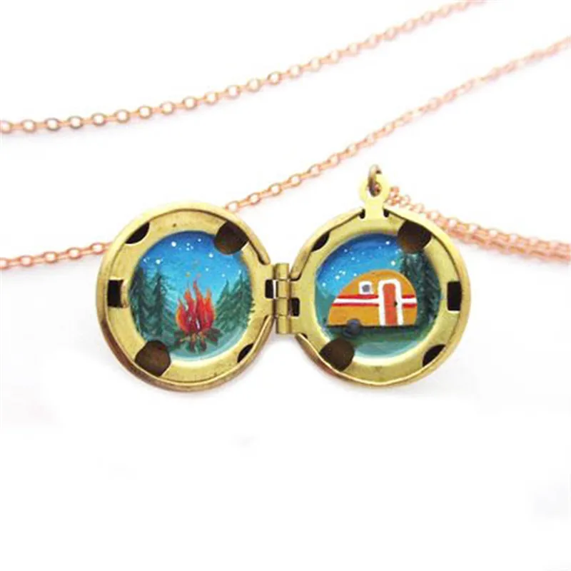 

12pcs/lot Teeny Hidden Camping Adventure Brass Locket necklace