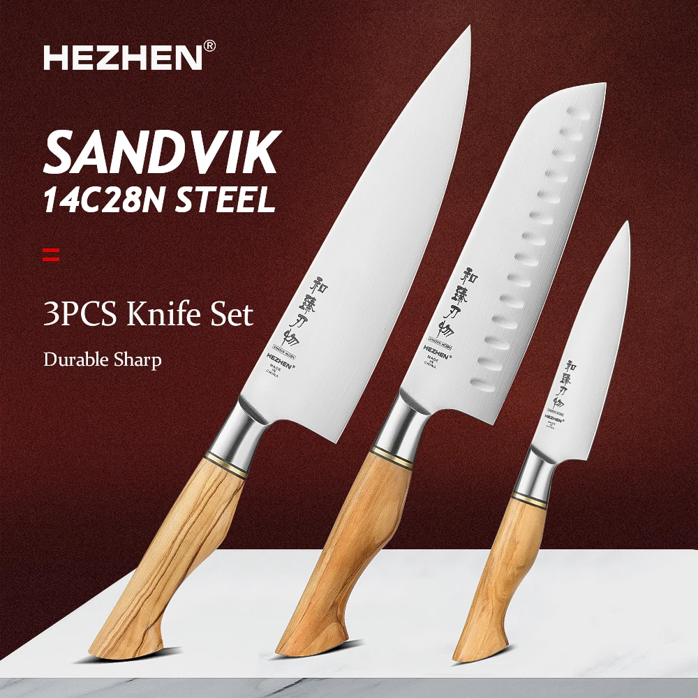 

HEZHEN кухонный нож 3 шт. в комплекте Sandvik 14C28N стальная ручка шеф-повар для чистки овощей сантоку нож с ручкой из оливкового дерева кулинарные ло...